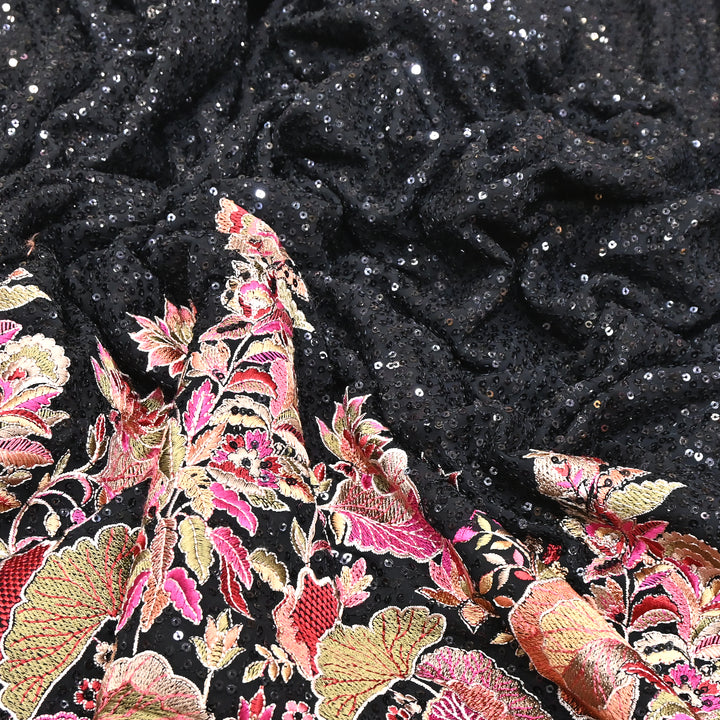 Black Color Georgette Multi Thread & Sequins Embroidery – Designer Embroidered Fabric - D28469-4