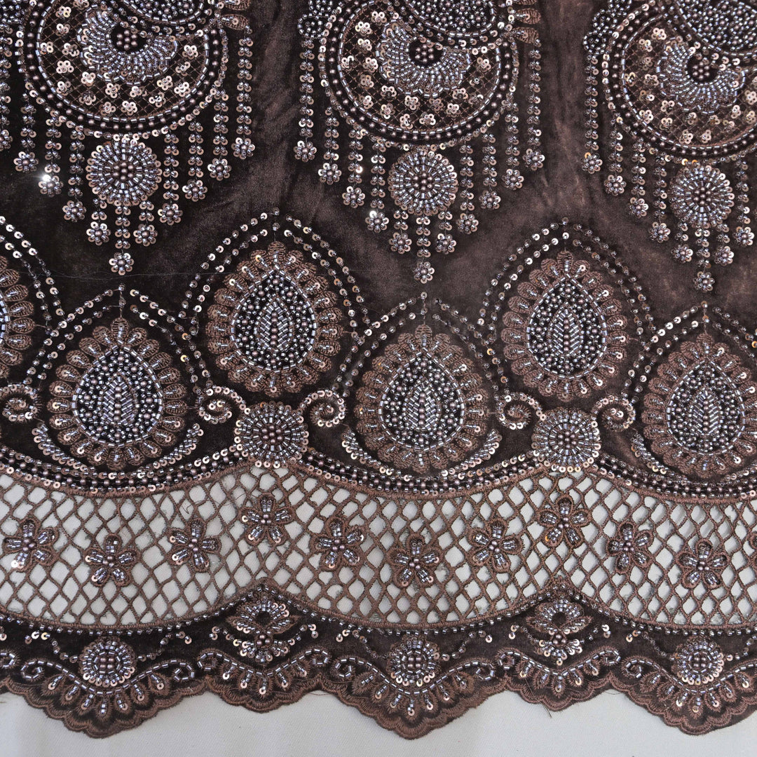 Brown Velvet Cutdana Embroidery Fabric.| 1038-885B