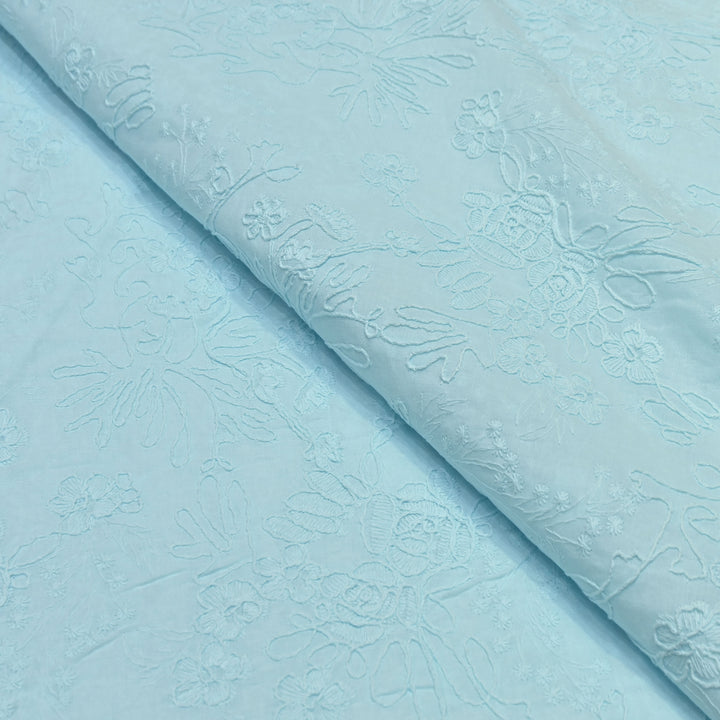 Sky Blue Color Cotton Floral Thread Embroidery Fabric – Soft Designer Embroidered Cotton Fabric 0AT112-2