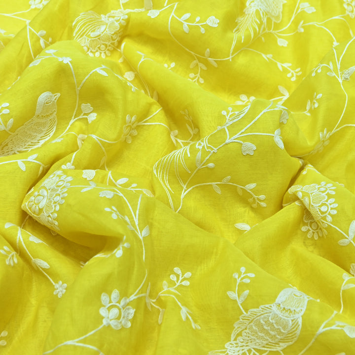 LIME YELLOW COLOR MUL CHANDERI THREAD EMBROIDERY FABRIC GP4120-5