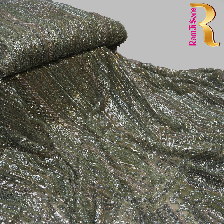 Olive Green Net Imported Embroidery Fabric.| 30T95