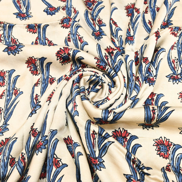 Off White with Navy Blue Modal Satin Fabric in Digital Print.