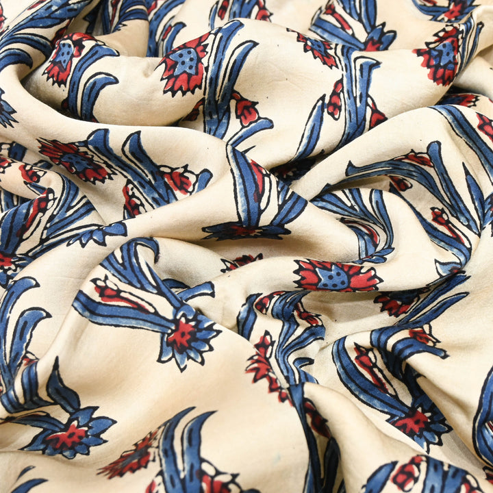 Off White with Navy Blue Modal Satin Fabric in Digital Print.