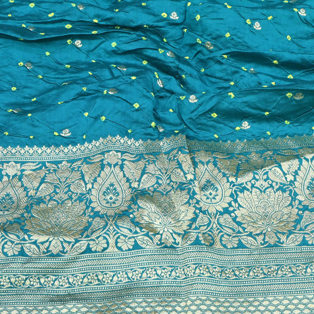 Exclusive Heavy Zari Botti Work And Premium Border Hand Work On Pure Silk Bandhani Fabric