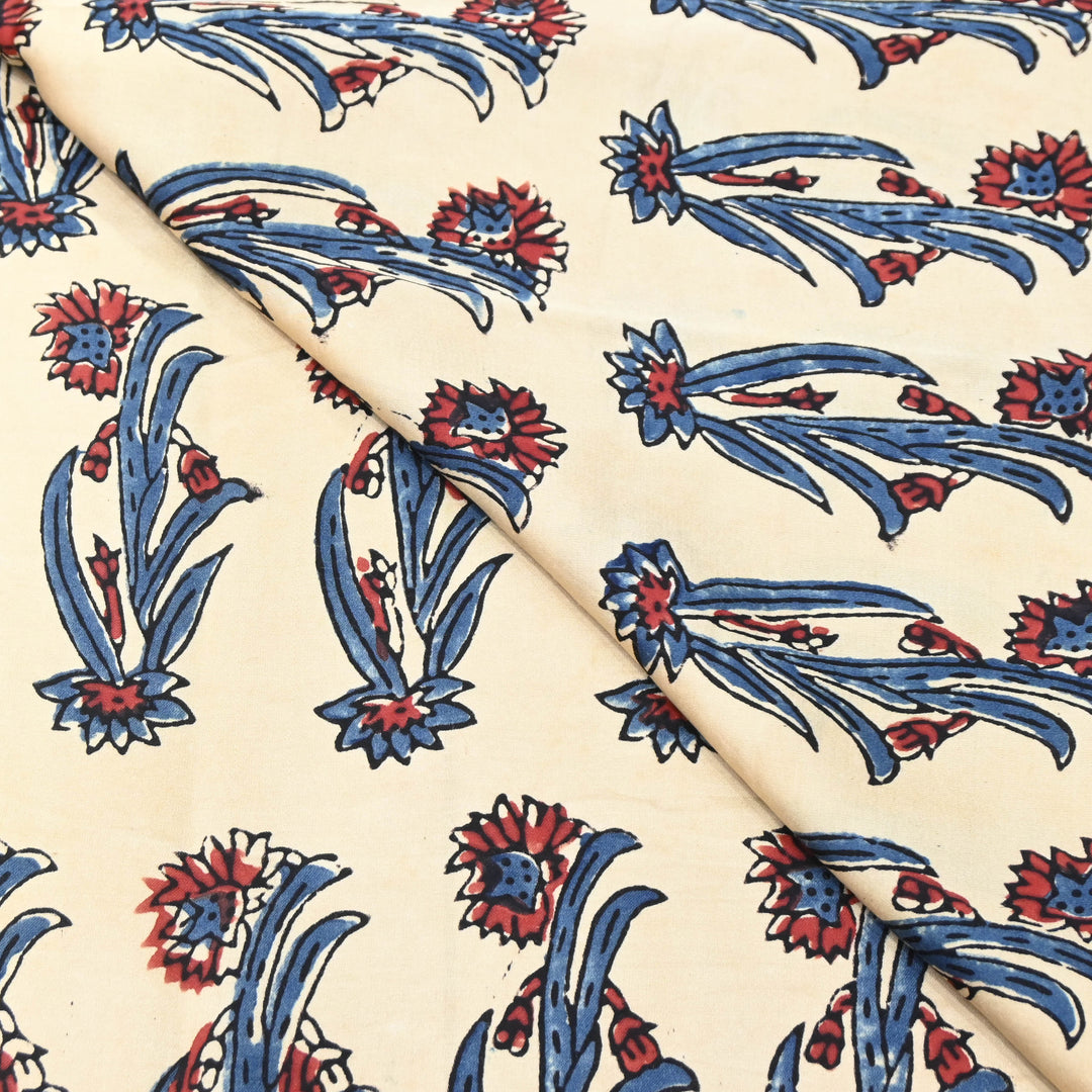 Off White with Navy Blue Modal Satin Fabric in Digital Print.