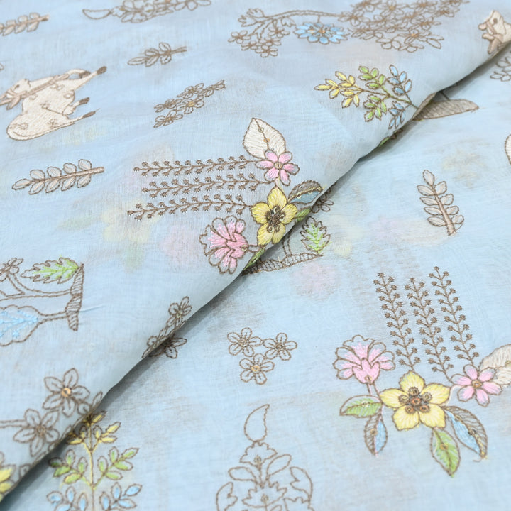 Powder Blue Mul Chanderi Fabric with Sequins & Thread  Embroidery