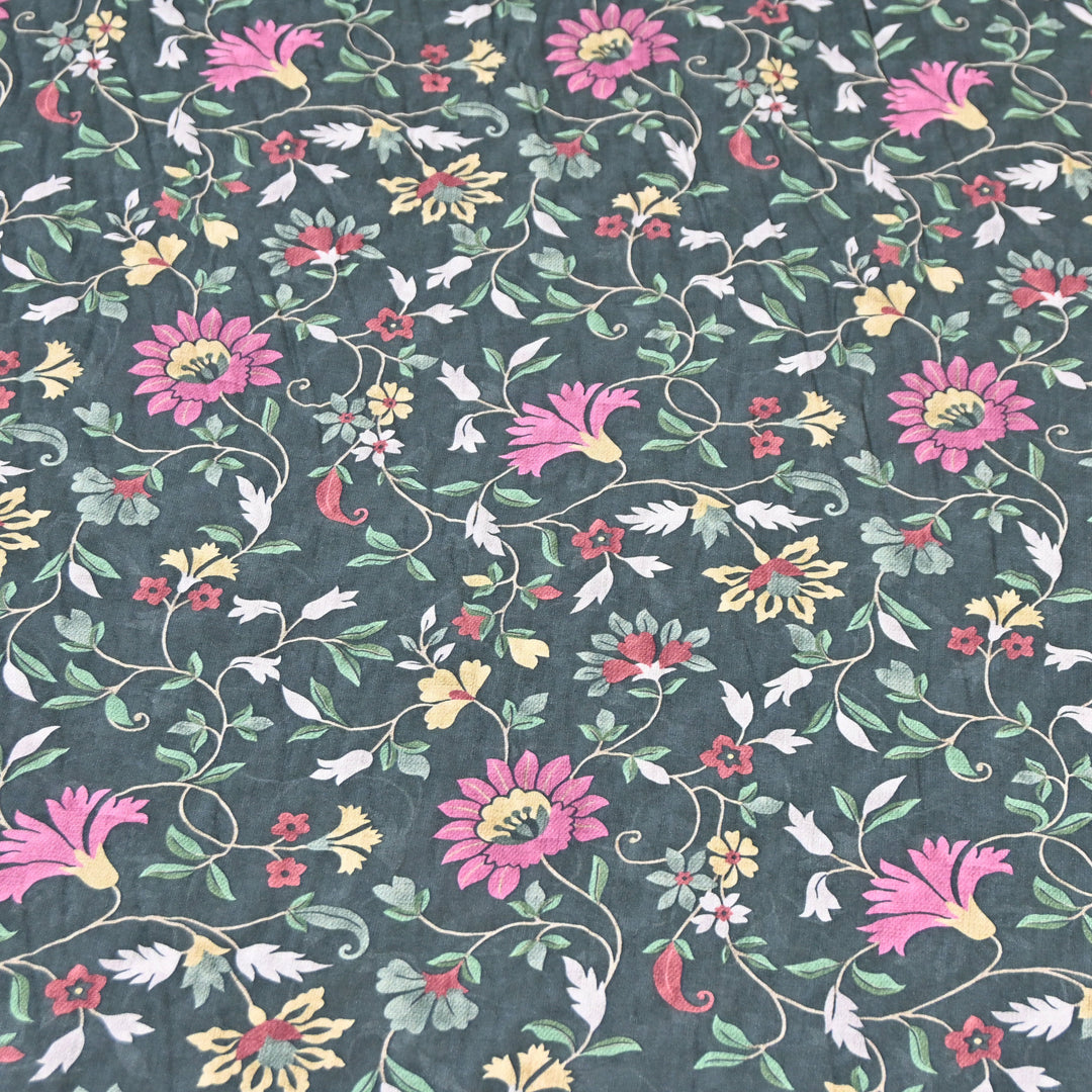 Bottle Green Omura Cotton Floral Vine Print