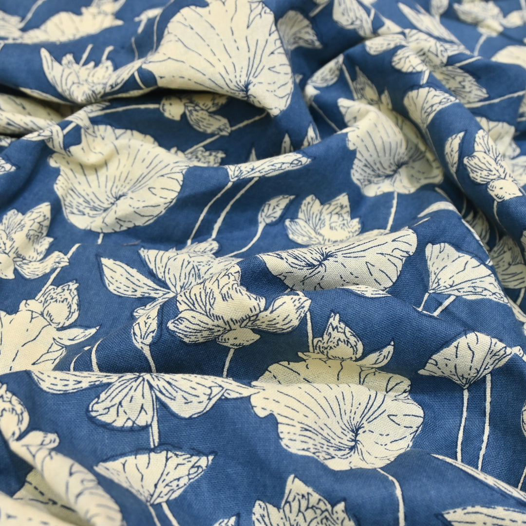 Navy Blue Cotton Linen Print