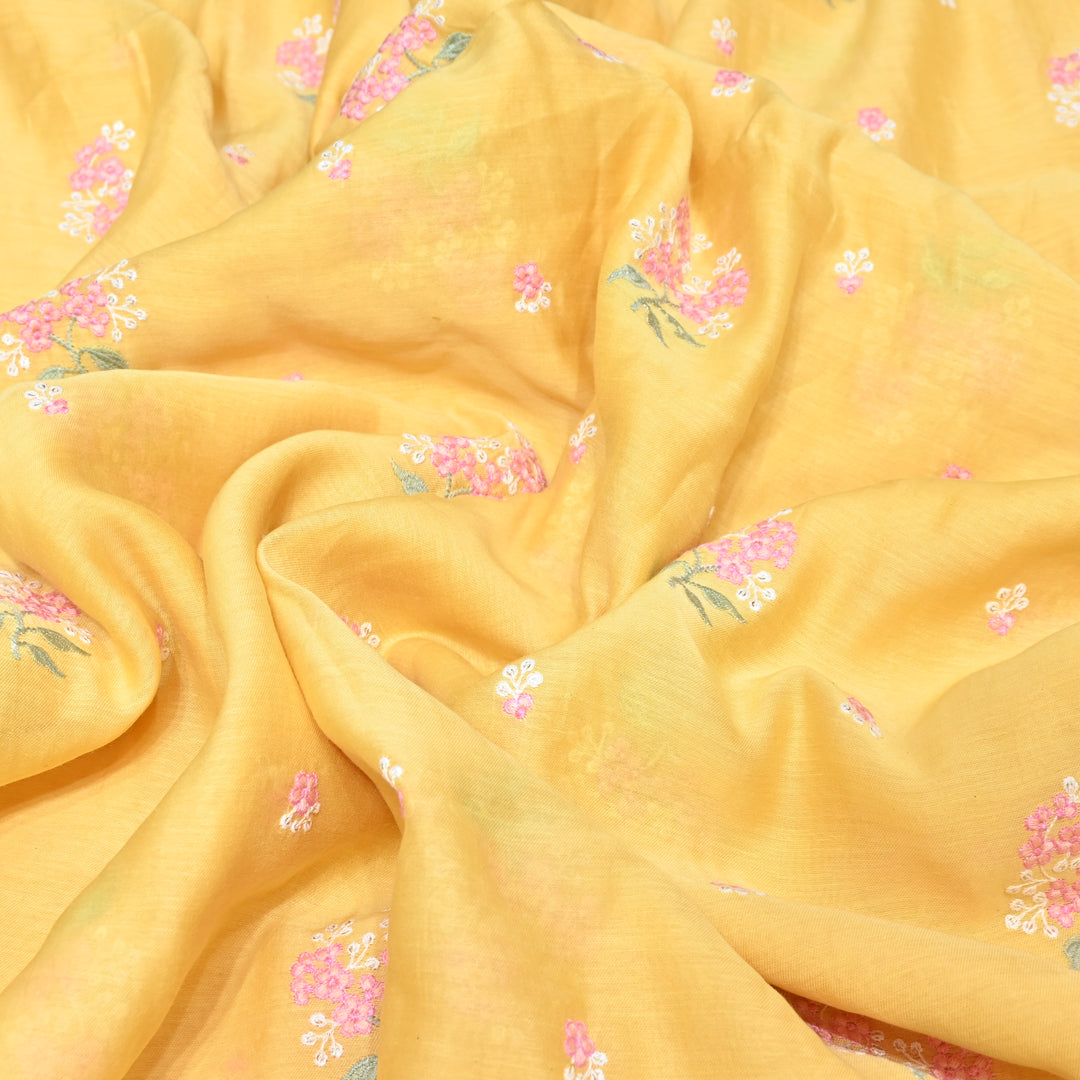 MUSTARD YELLOW COLOR MUL CHANDERI THREAD EMBROIDERY FABRIC - GP4822- 03