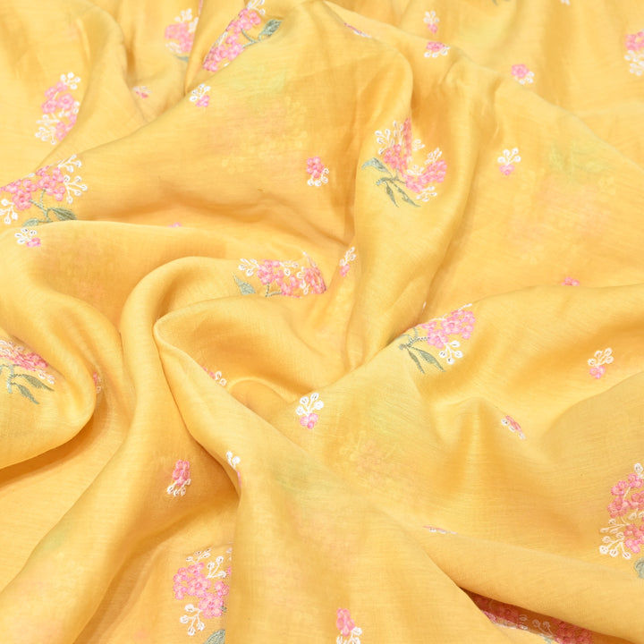 MUSTARD YELLOW COLOR MUL CHANDERI THREAD EMBROIDERY FABRIC - GP4822- 03
