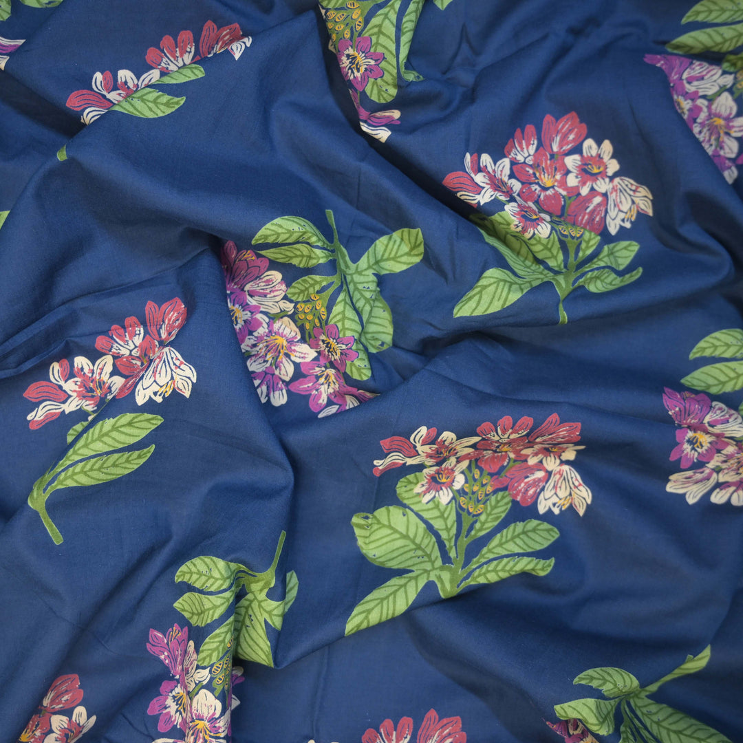 Midnight Bloom Deep Blue Floral Cotton Printed Fabric