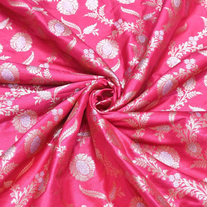 Hot Pink & Antique Gold Floral Brocade Fabric.