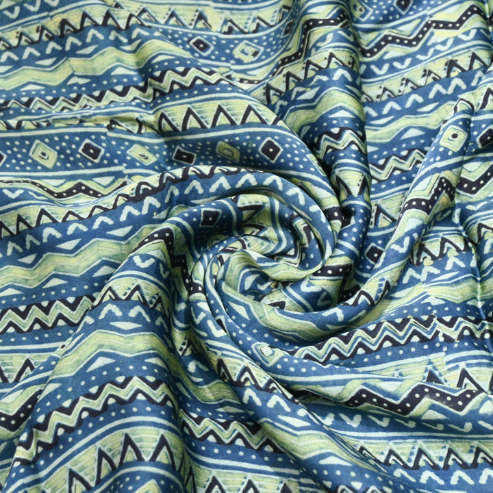 Indigo Blue Modal Satin Fabric in Digital Print.