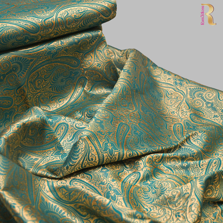Turquoise Blue Gold Paisley Brocade Fabric.| 100-23-116