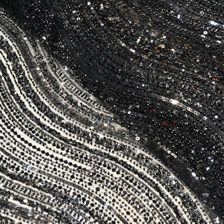Black Color Luxury Imported Heavy Cut Dana & Sequins Embroidered Net Designer Fabric ED1533-1F