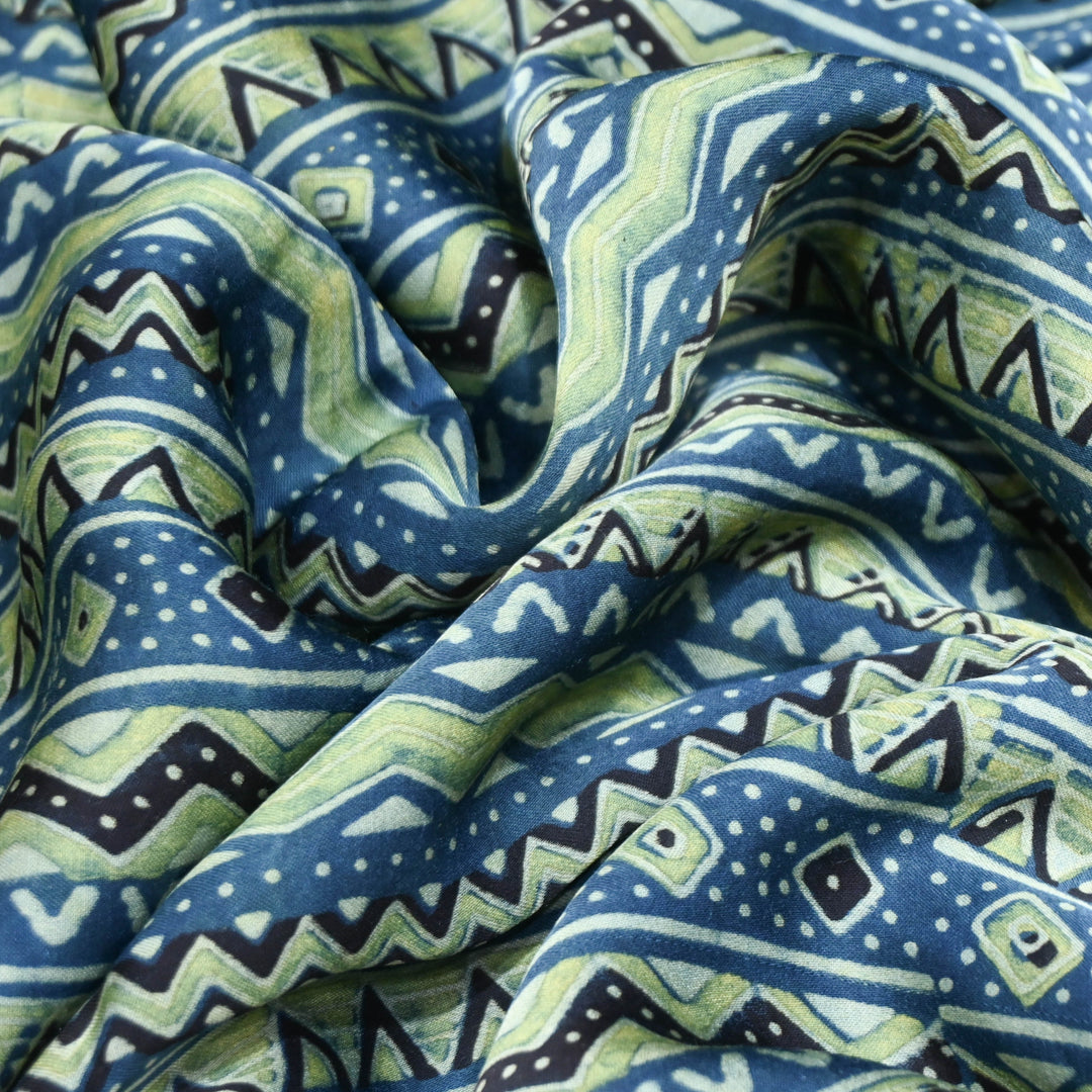 Indigo Blue Modal Satin Fabric in Digital Print.