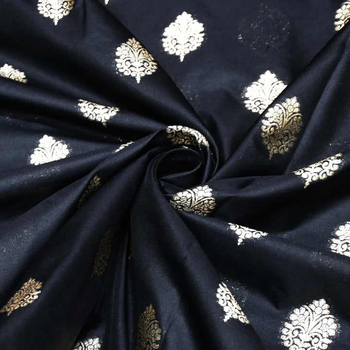 Black Color Katan Silk Zari Buti Brocade Fabric