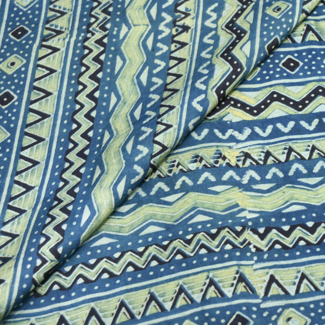 Indigo Blue Modal Satin Fabric in Digital Print.