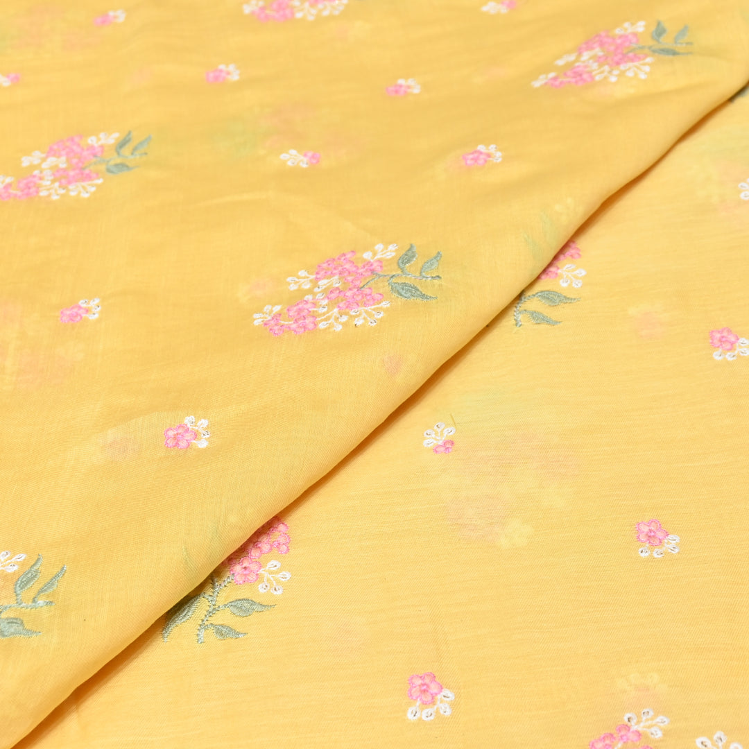 MUSTARD YELLOW COLOR MUL CHANDERI THREAD EMBROIDERY FABRIC - GP4822- 03