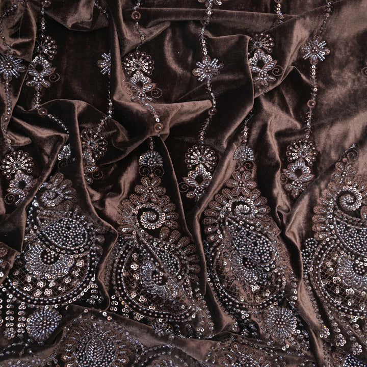 Brown Velvet Cutdana Embroidery Fabric.| 1038-885B