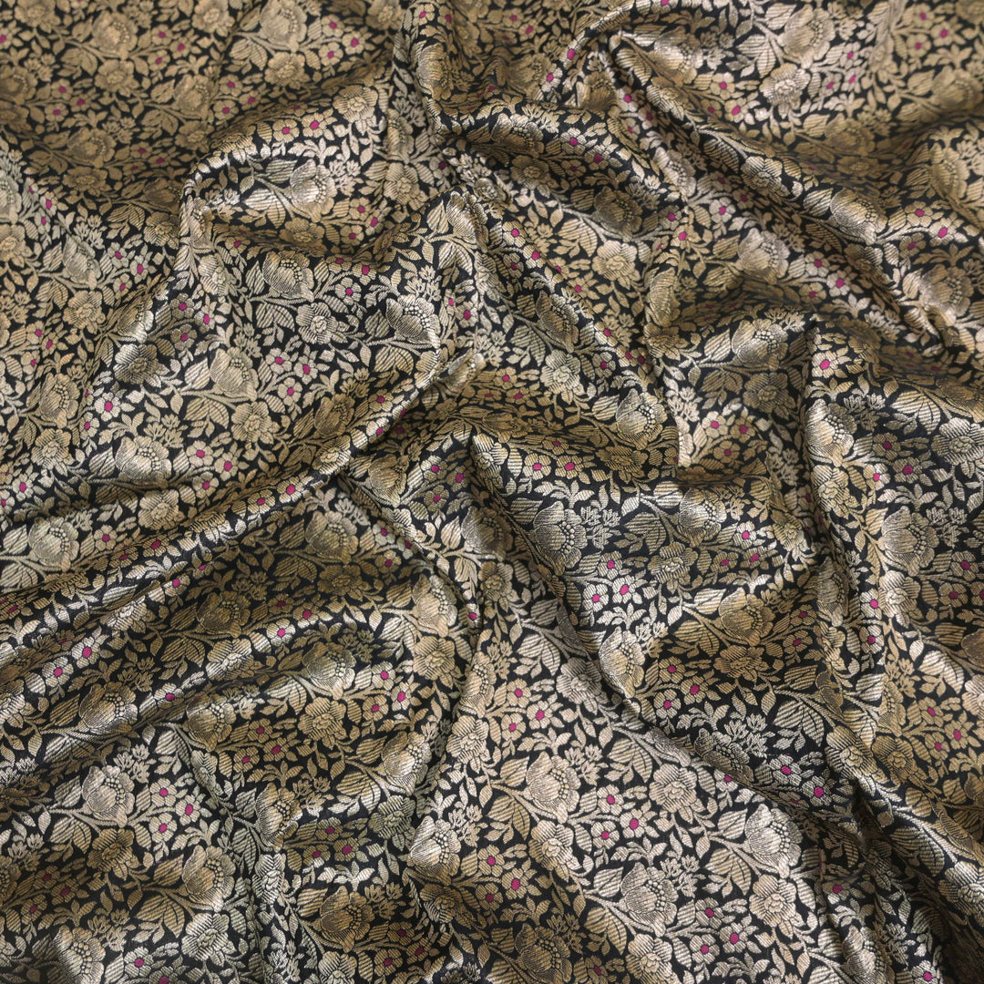 Jet Black Silk Meena Zari Brocade | B-22-190