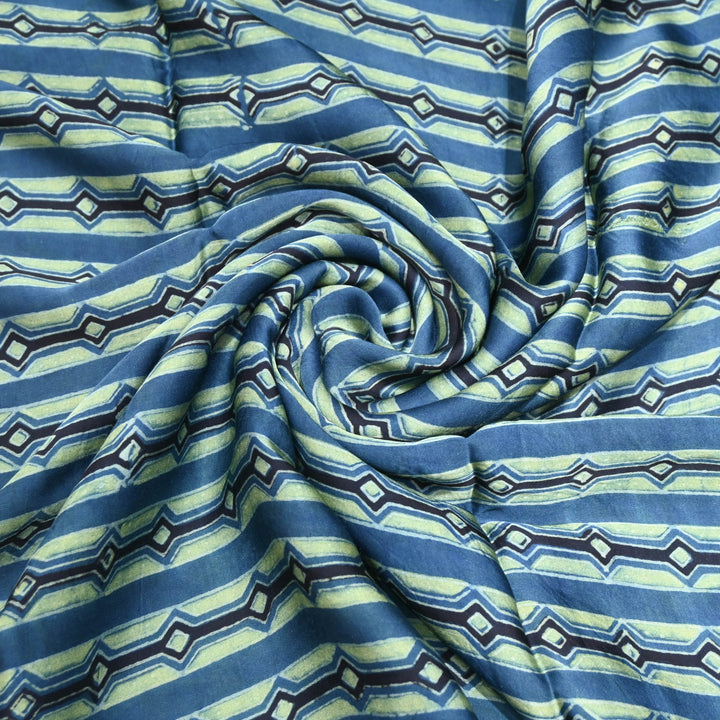 Indigo Blue Modal Satin Fabric in Digital Print.