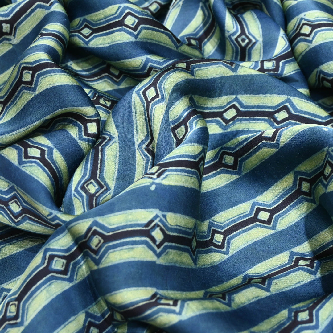 Indigo Blue Modal Satin Fabric in Digital Print.
