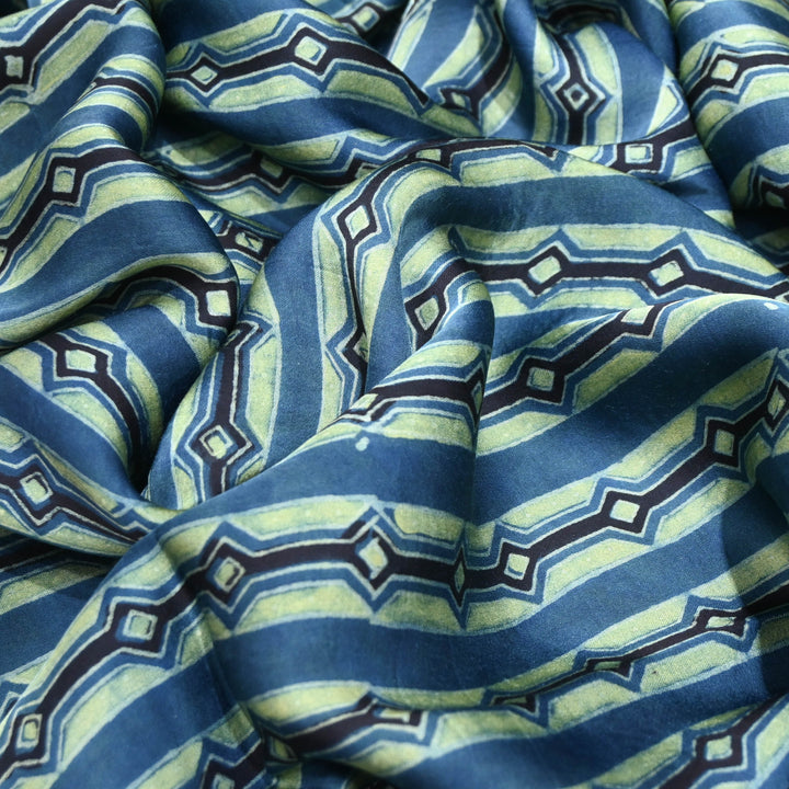 Indigo Blue Modal Satin Fabric in Digital Print.