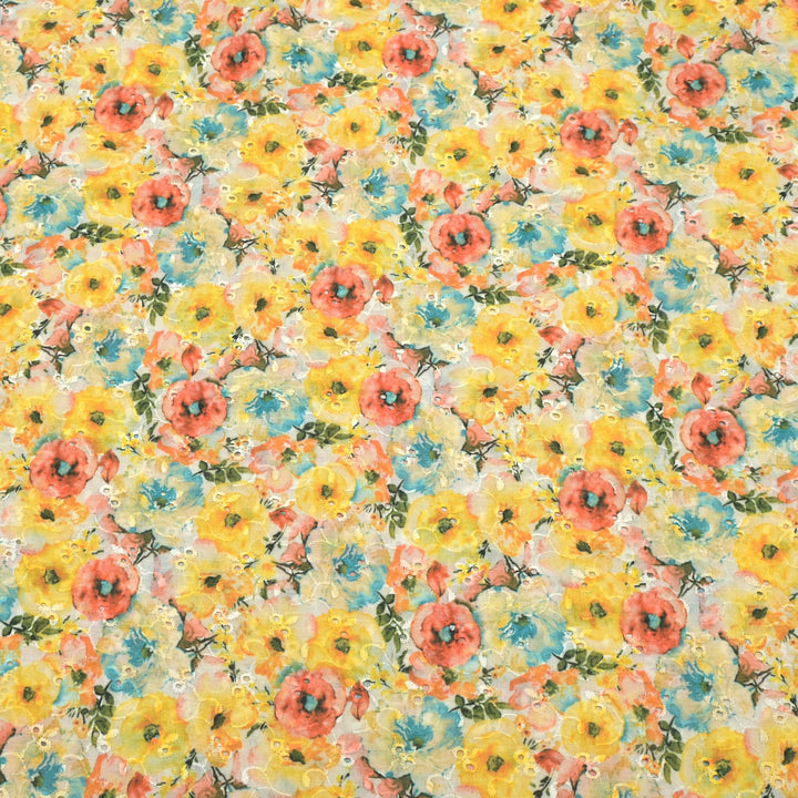 Floral Digital Print Cotton Chikan Embroidery Fabrics