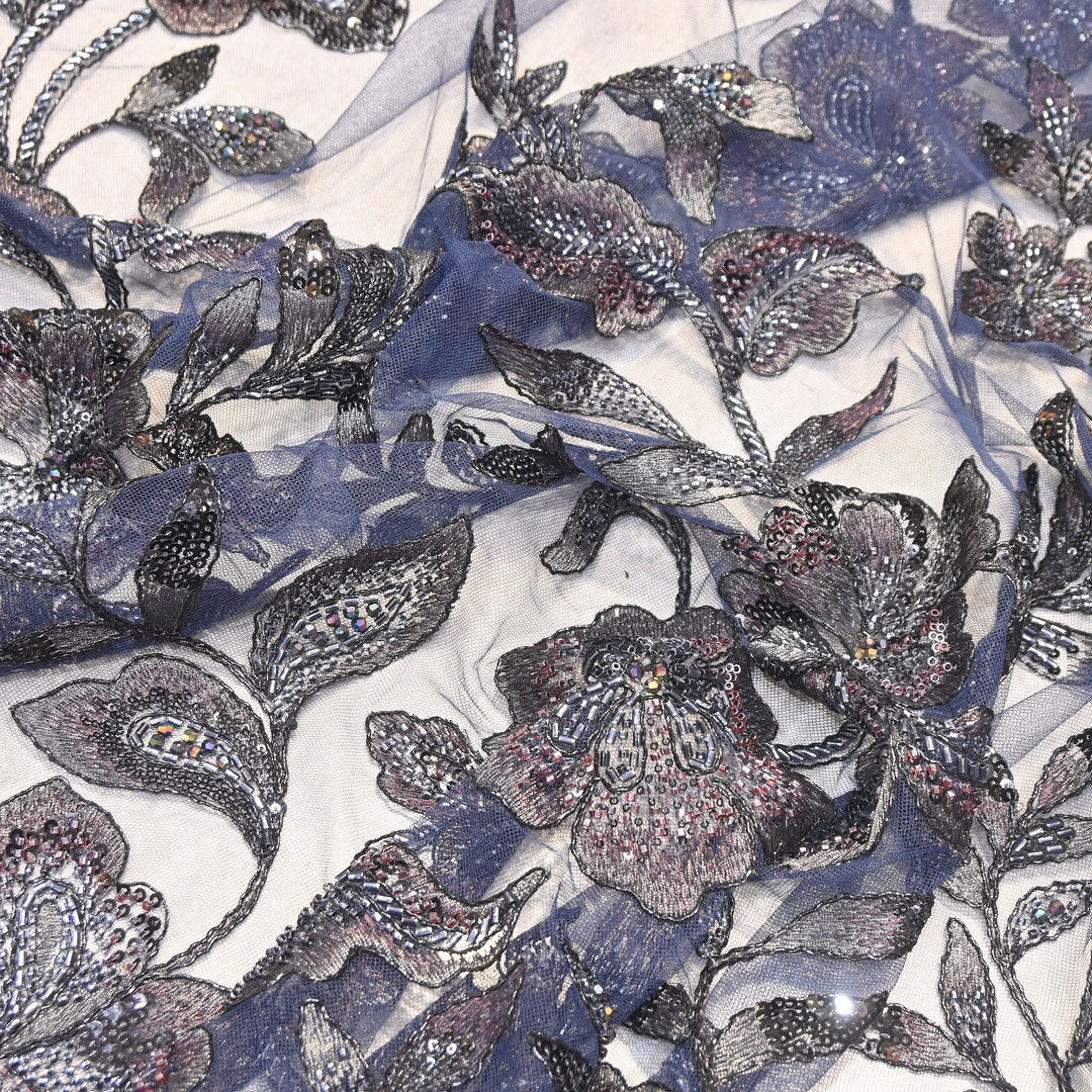 Premium Heavy Floral Beaded & Sequin Embroidery Net Fabric- 8828560-01