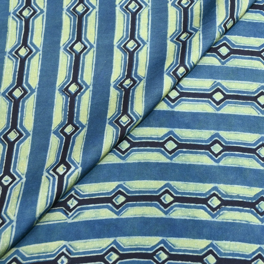 Indigo Blue Modal Satin Fabric in Digital Print.