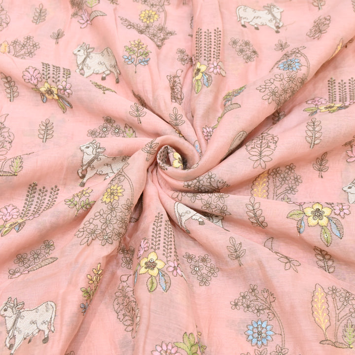 Oyster Pink Mul Chanderi Fabric with Sequins & Thread  Embroidery