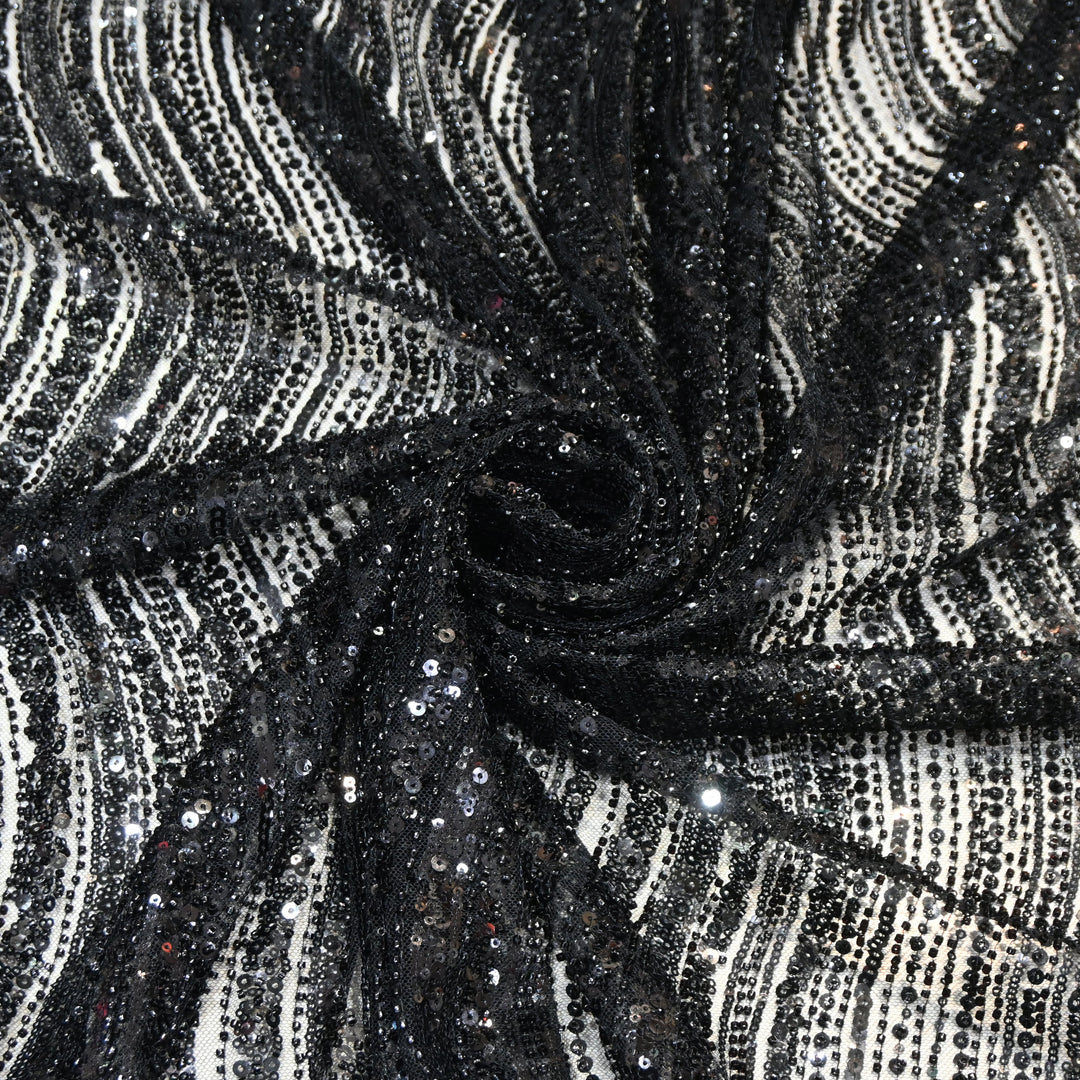 Black Color Luxury Imported Heavy Cut Dana & Sequins Embroidered Net Designer Fabric ED1533-1F