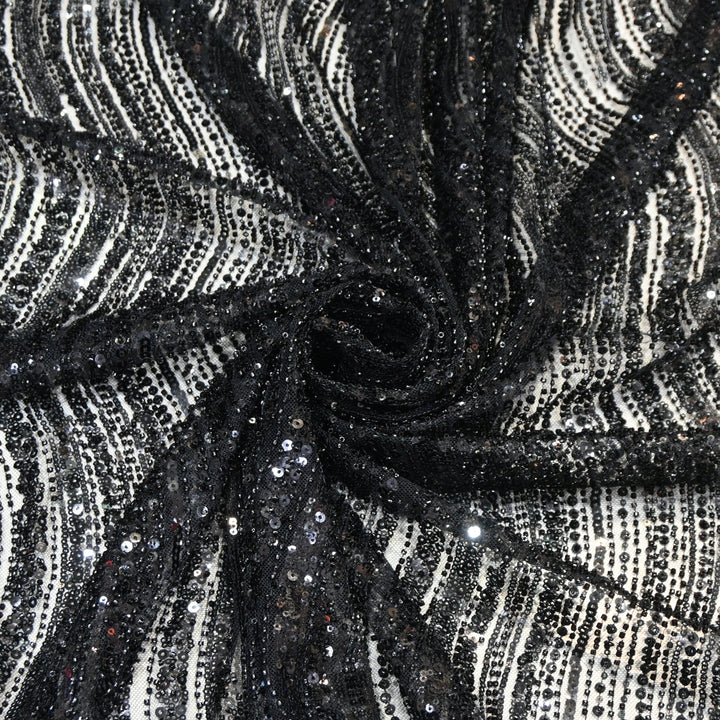 Black Color Luxury Imported Heavy Cut Dana & Sequins Embroidered Net Designer Fabric ED1533-1F