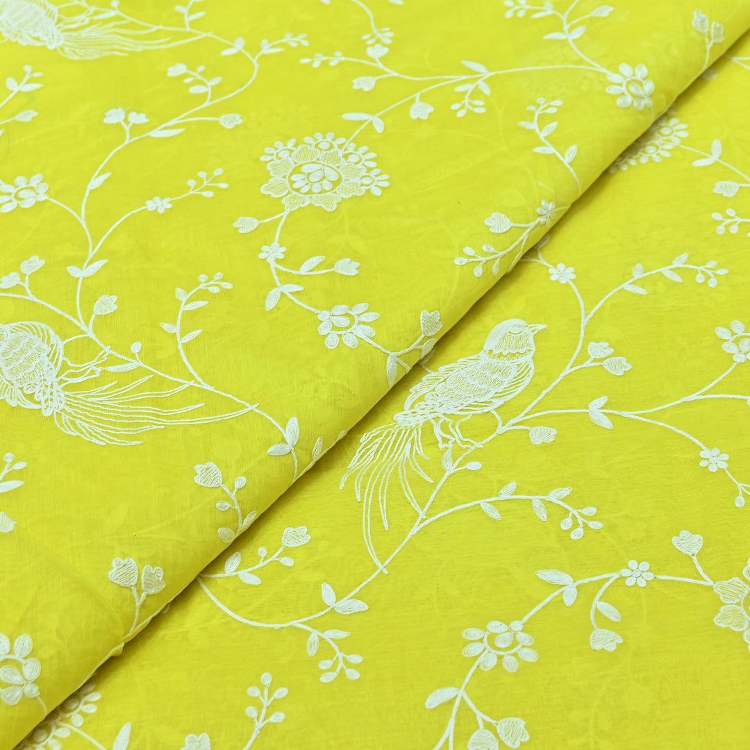LIME YELLOW COLOR MUL CHANDERI THREAD EMBROIDERY FABRIC GP4120-5