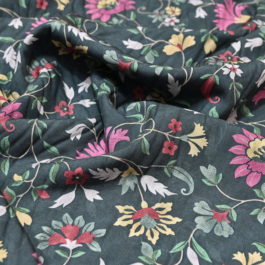 Bottle Green Omura Cotton Floral Vine Print