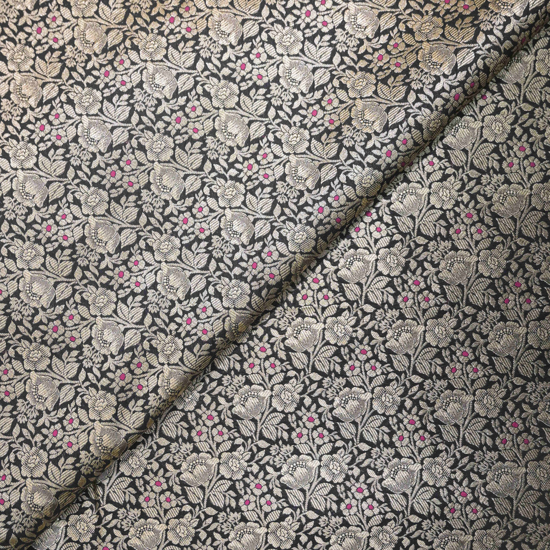 Jet Black Silk Meena Zari Brocade | B-22-190