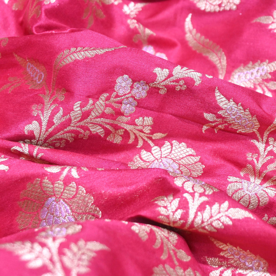 Hot Pink & Antique Gold Floral Brocade Fabric.