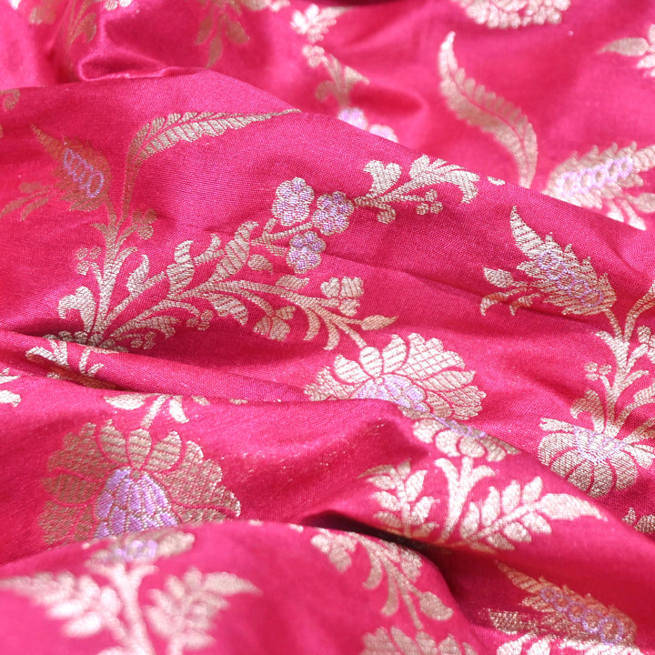 Hot Pink & Antique Gold Floral Brocade Fabric.