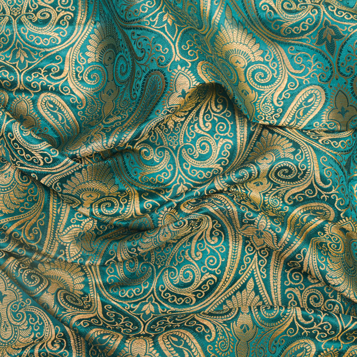 Turquoise Blue Gold Paisley Brocade Fabric.| 100-23-116
