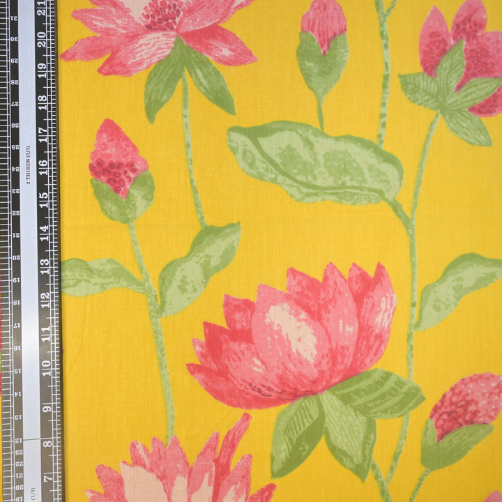 Bright Yellow Sanganeri Lotus Print Cotton Fabric