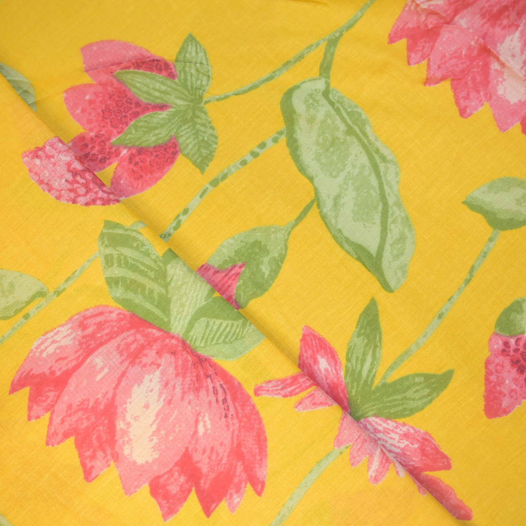 Bright Yellow Sanganeri Lotus Print Cotton Fabric