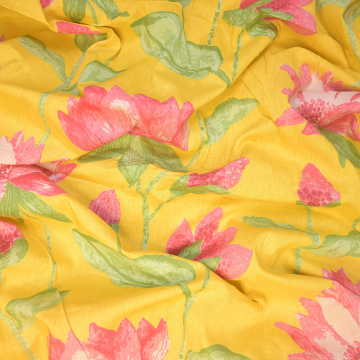 Bright Yellow Sanganeri Lotus Print Cotton Fabric