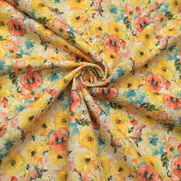 Floral Digital Print Cotton Chikan Embroidery Fabrics