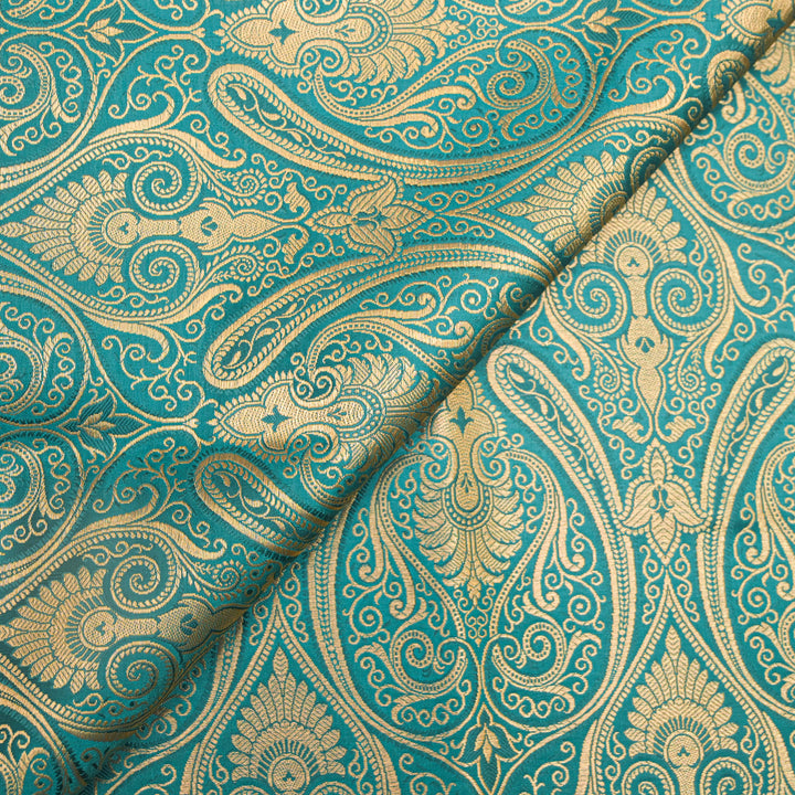 Turquoise Blue Gold Paisley Brocade Fabric.| 100-23-116