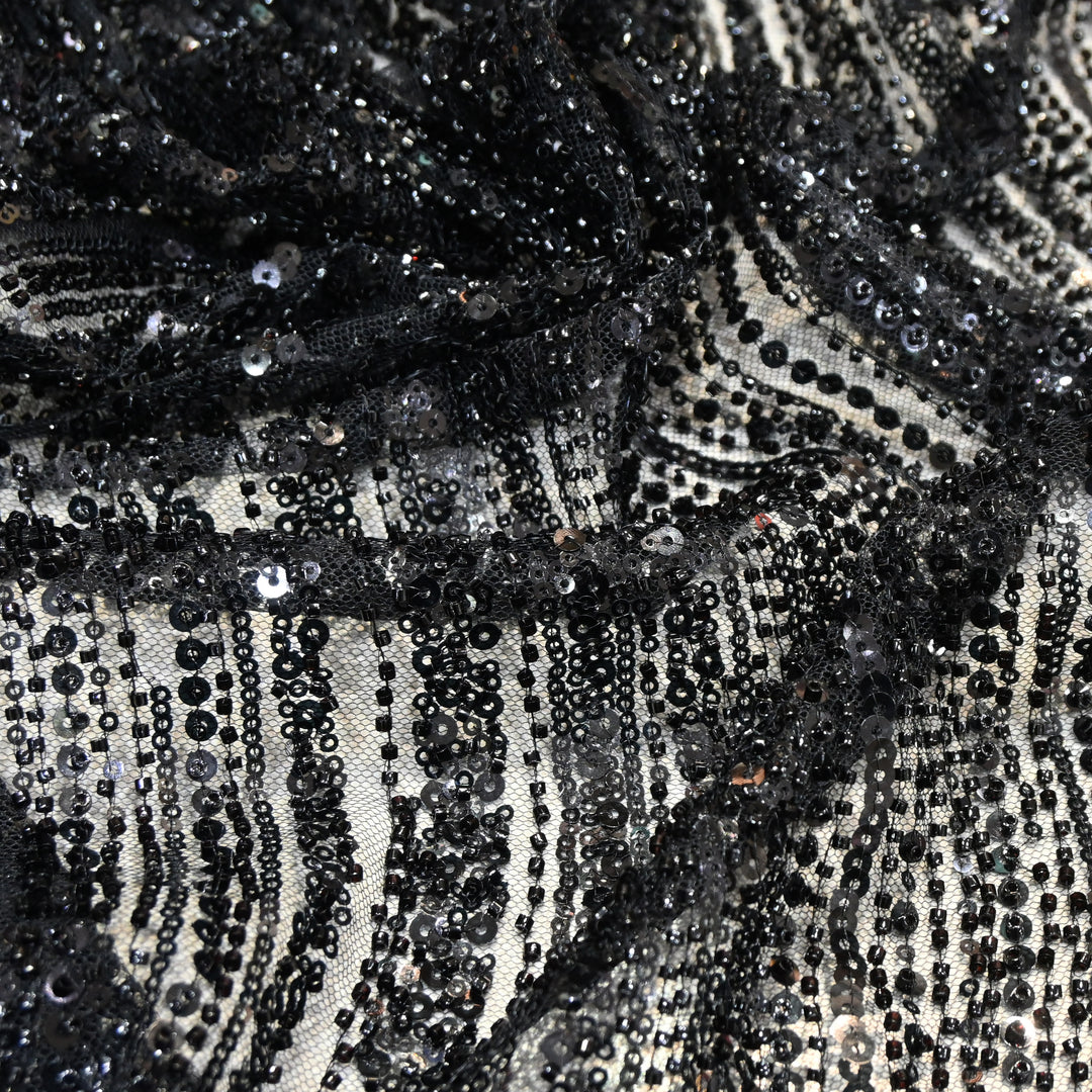 Black Color Luxury Imported Heavy Cut Dana & Sequins Embroidered Net Designer Fabric ED1533-1F