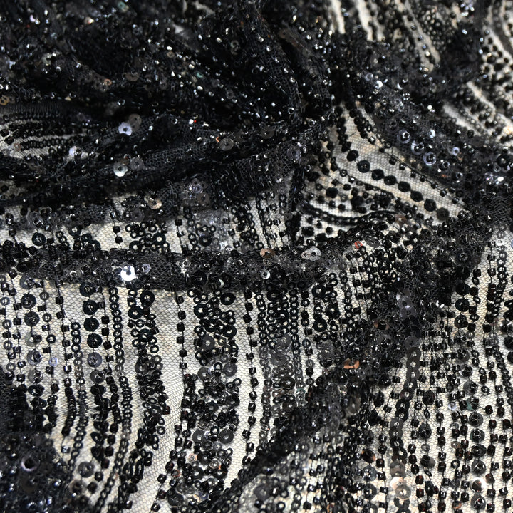 Black Color Luxury Imported Heavy Cut Dana & Sequins Embroidered Net Designer Fabric ED1533-1F