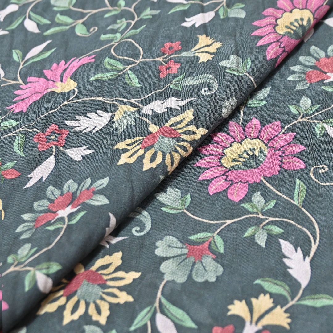 Bottle Green Omura Cotton Floral Vine Print