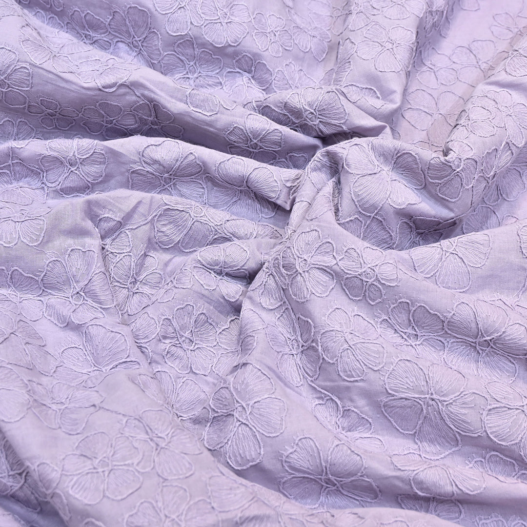 Pastel Lavender Color Cotton Floral Thread Embroidery Fabric – Soft Designer Embroidered Cotton Fabric 0AT112-3
