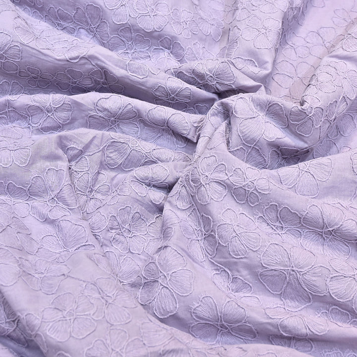 Pastel Lavender Color Cotton Floral Thread Embroidery Fabric – Soft Designer Embroidered Cotton Fabric 0AT112-3
